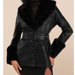 Women's Black Faux Leather Jacket with Fur Trim